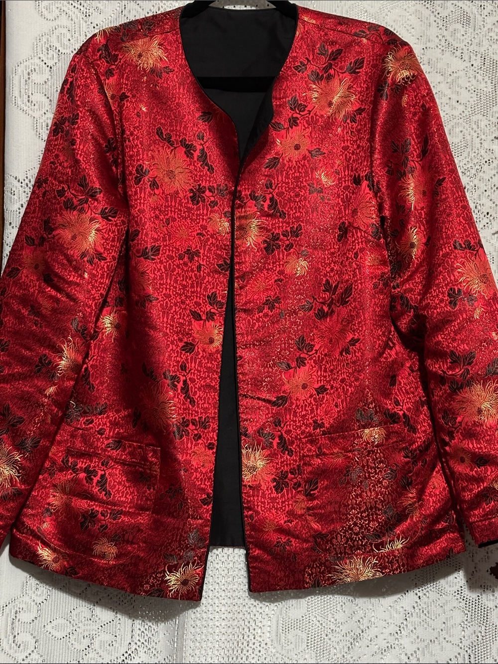 Red Floral Satin Open-Front Blazer